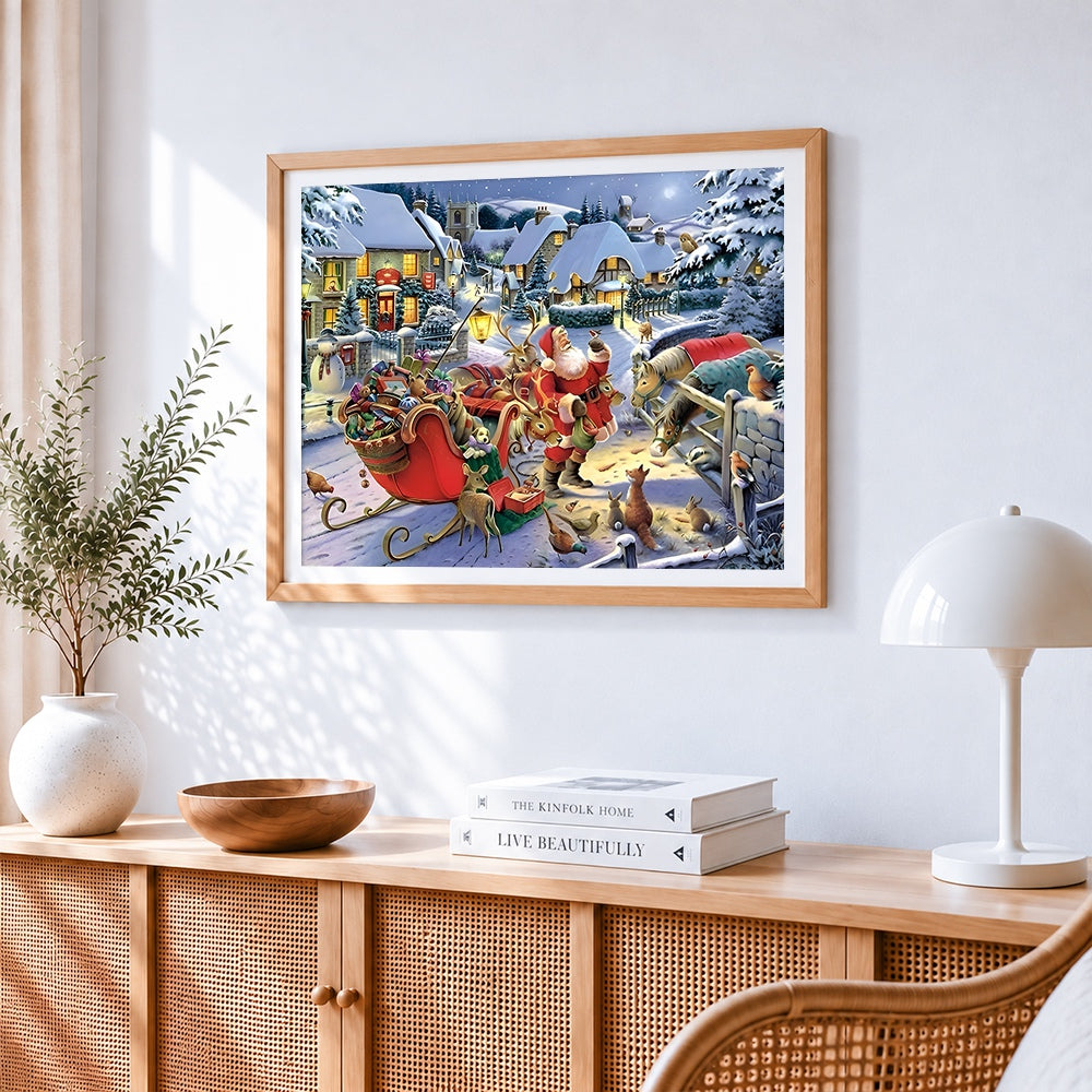 Santa's sleigh in a snowy village cross stitch artwork displayed on wall as home decor