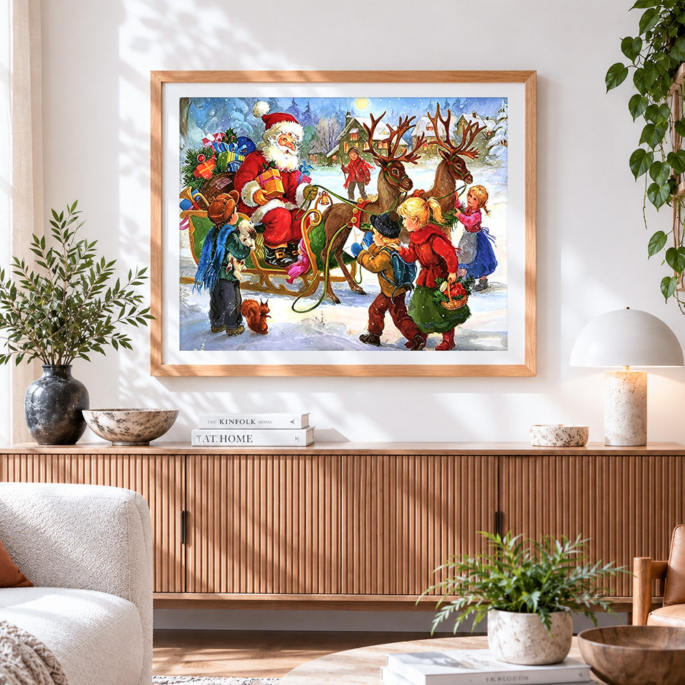 Finished santas sleigh with children cross stitch artwork displayed