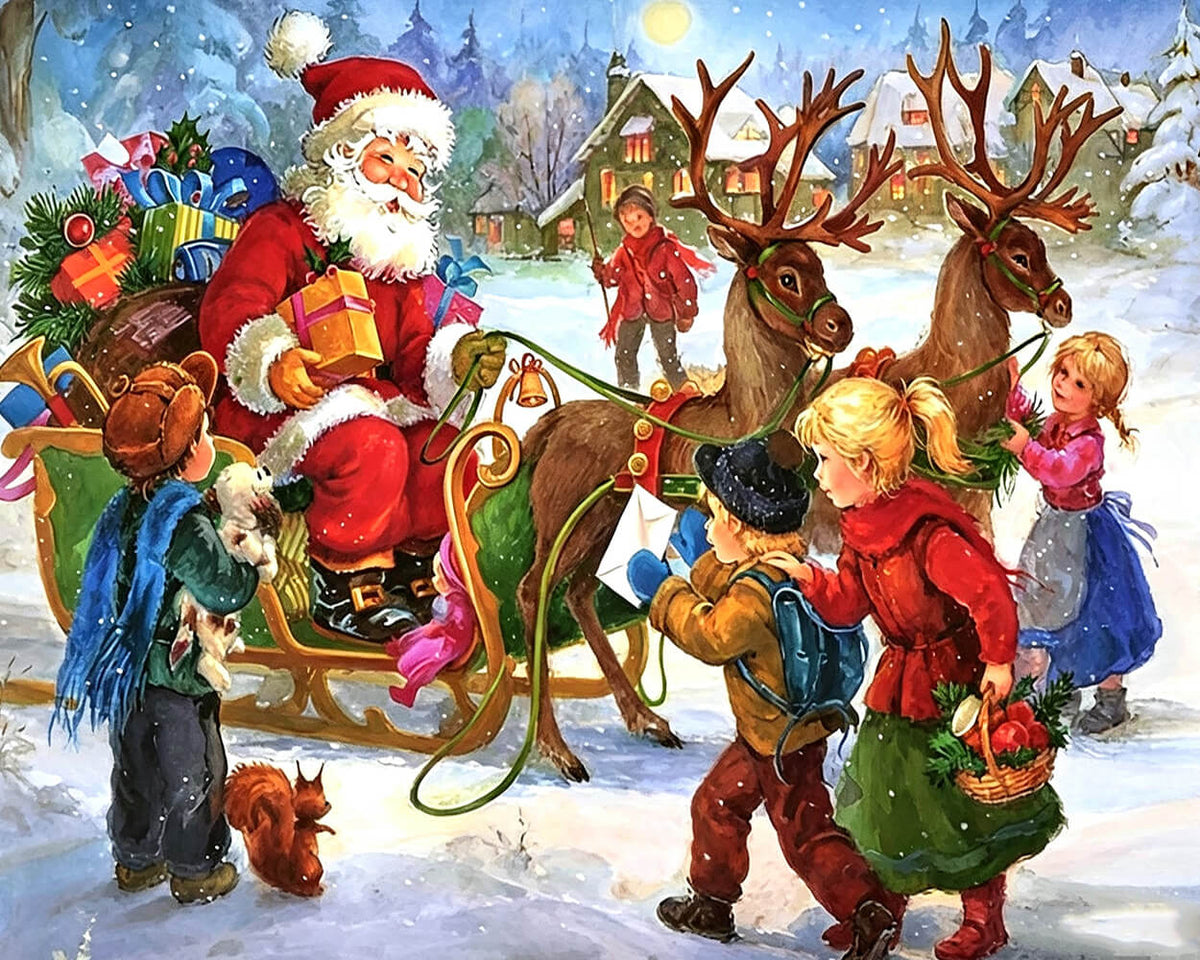 Santas sleigh with children cross stitch kit for beginners