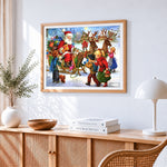 Santas sleigh with children cross stitch artwork displayed on wall as home decor