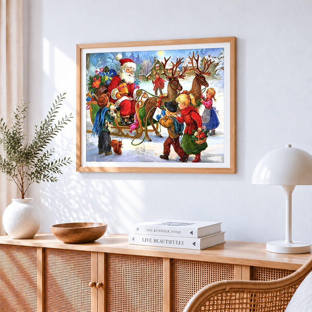 Santas sleigh with children paint by numbers artwork displayed on wall as home decor