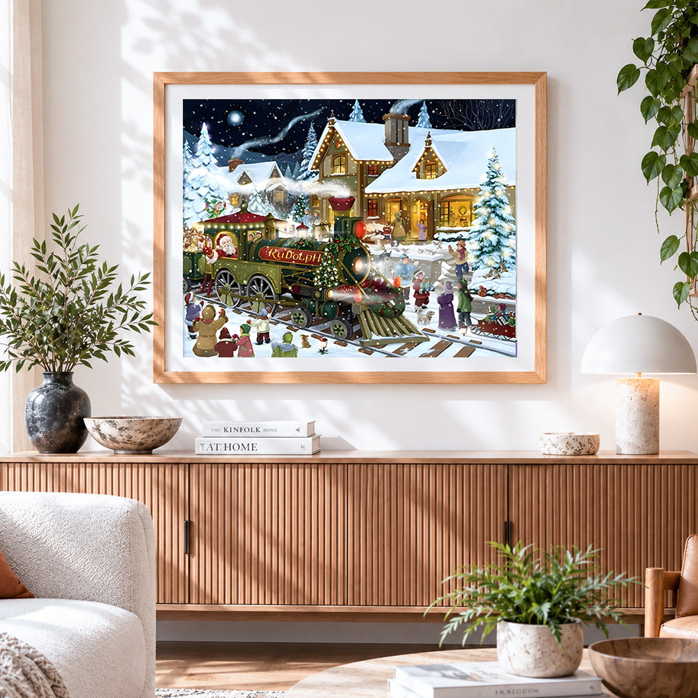 Finished santa's train cross stitch artwork displayed