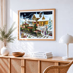 Santa's train cross stitch artwork displayed on wall as home decor