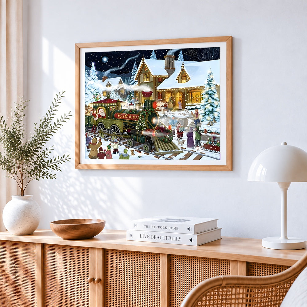 Santa's train cross stitch artwork displayed on wall as home decor