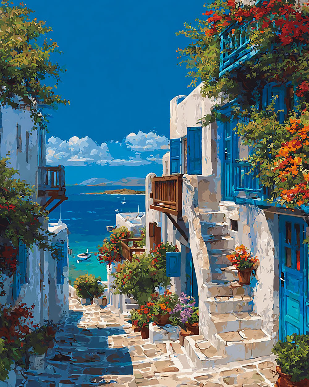 Santorini blue and white alleyway cross stitch kit for beginners