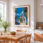 Santorini blue and white alleyway cross stitch artwork displayed on wall as home decor