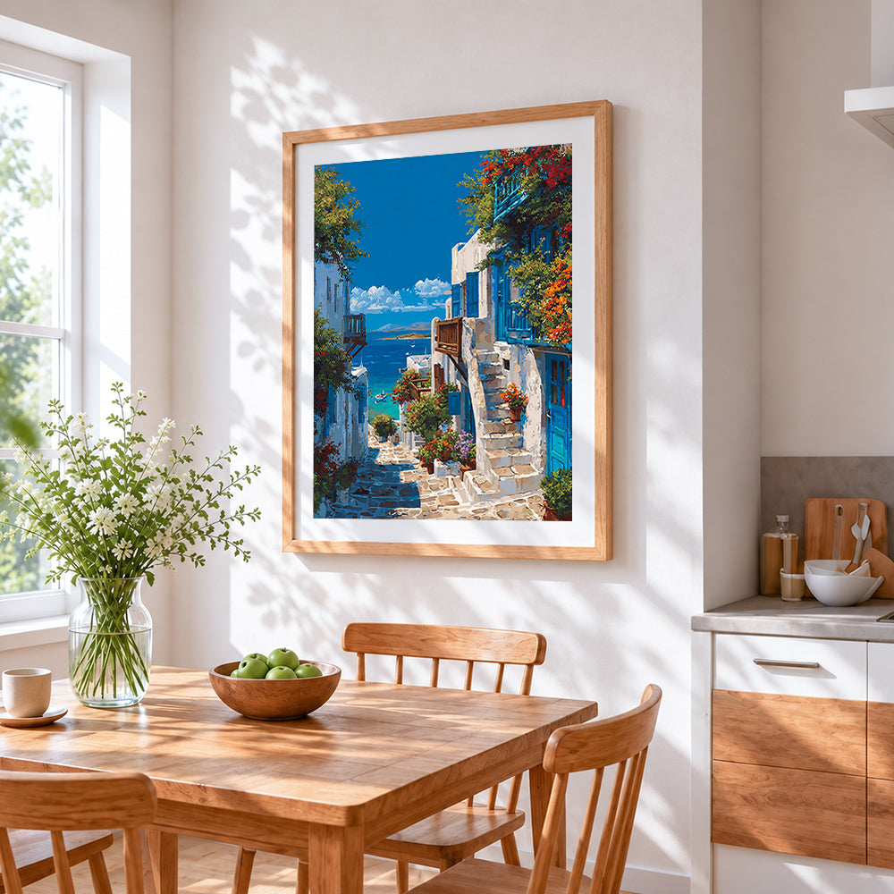Santorini blue and white alleyway cross stitch artwork displayed on wall as home decor