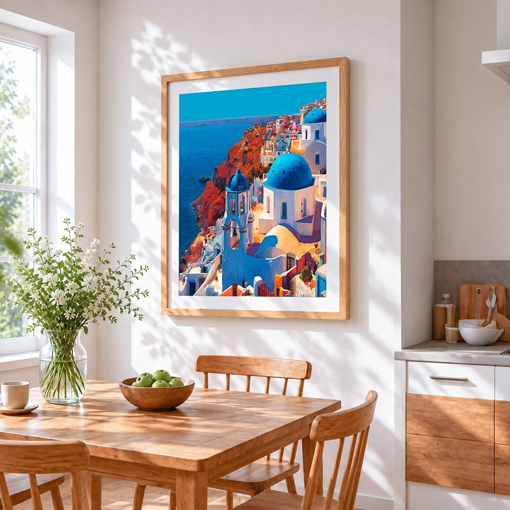 Santorini blue domes and cliffs cross stitch artwork displayed on wall as home decor