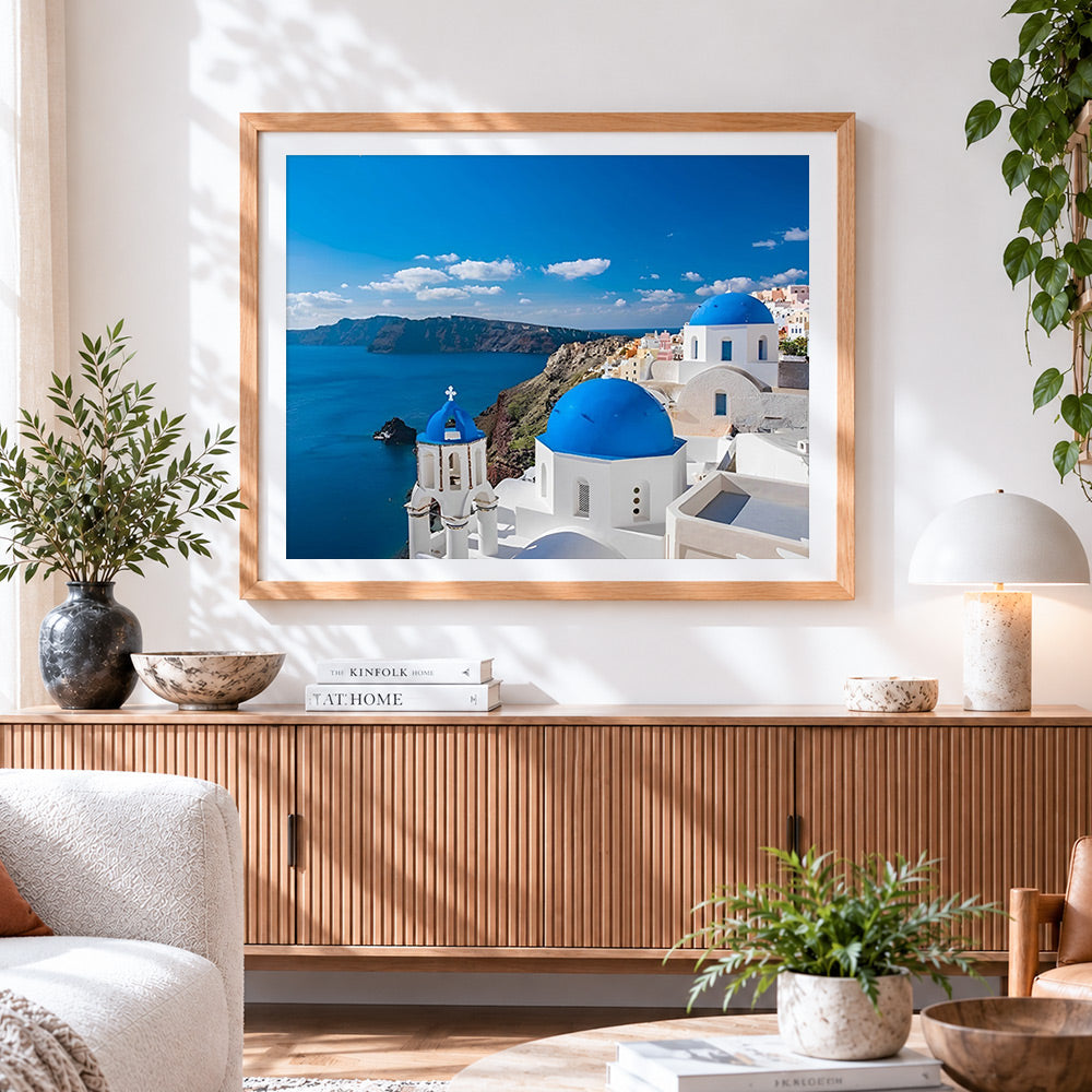 Finished santorini blue domes paint by numbers artwork displayed as home decor