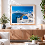 Finished santorini blue domes paint by numbers artwork displayed as home decor