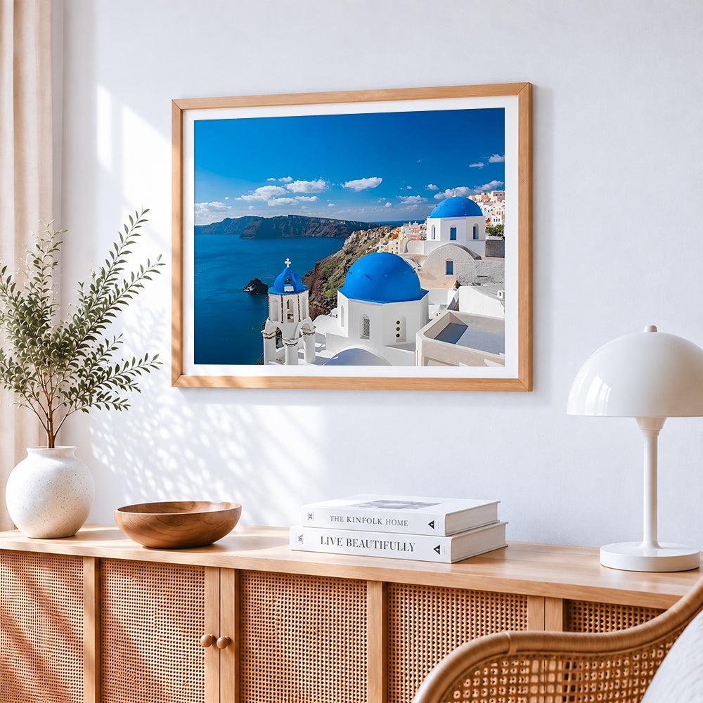 Santorini blue domes paint by numbers artwork displayed on wall as home decor