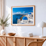 Santorini blue domes paint by numbers artwork displayed on wall as home decor