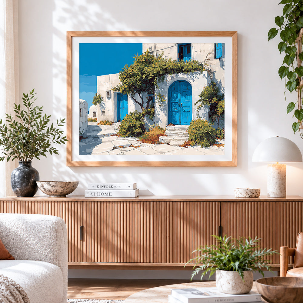 Finished santorini blue doors cross stitch artwork displayed
