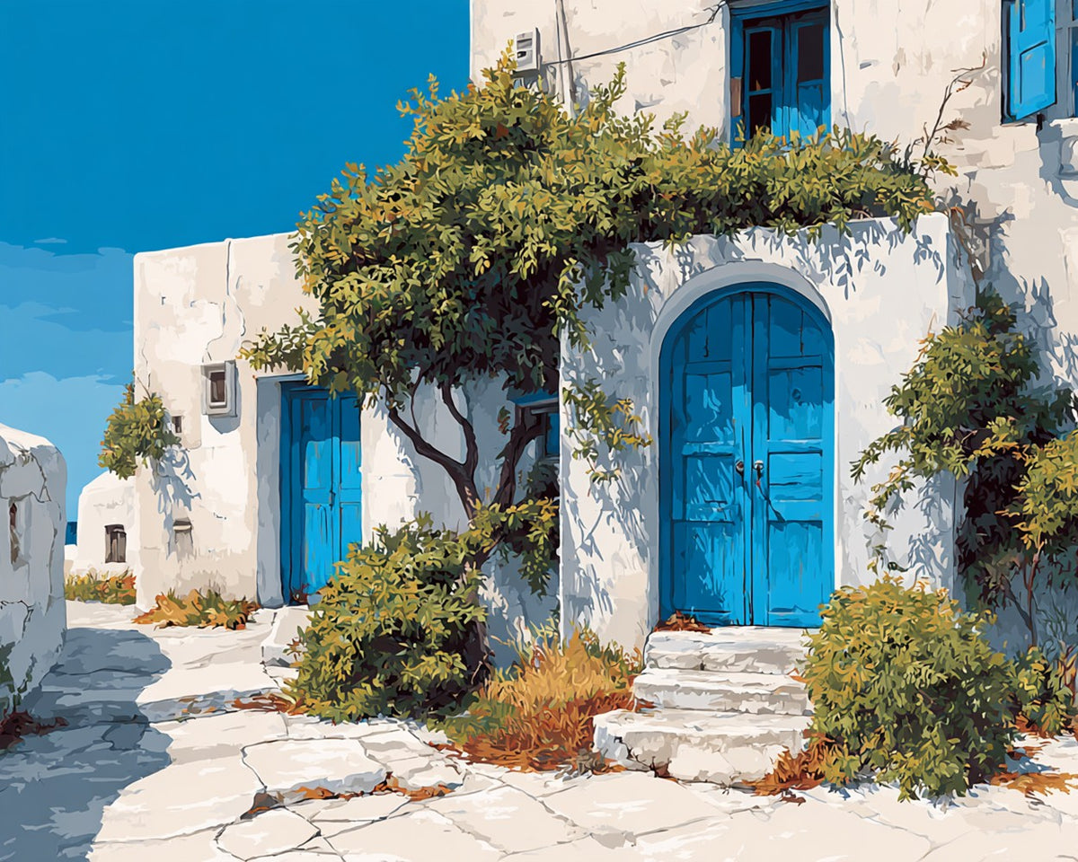 Santorini blue doors paint by numbers kit for beginners