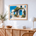 Santorini blue doors paint by numbers artwork displayed on wall as home decor