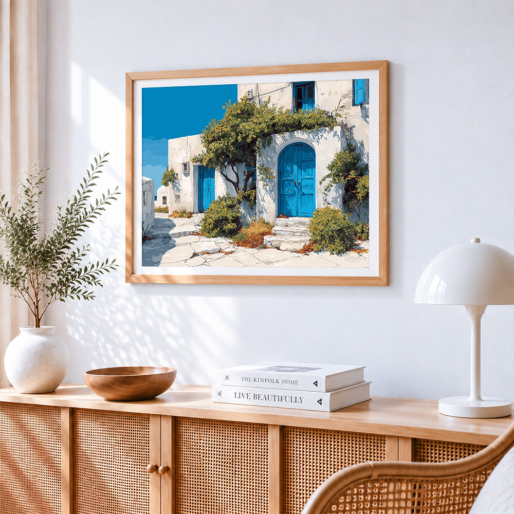 Santorini blue doors paint by numbers artwork displayed on wall as home decor