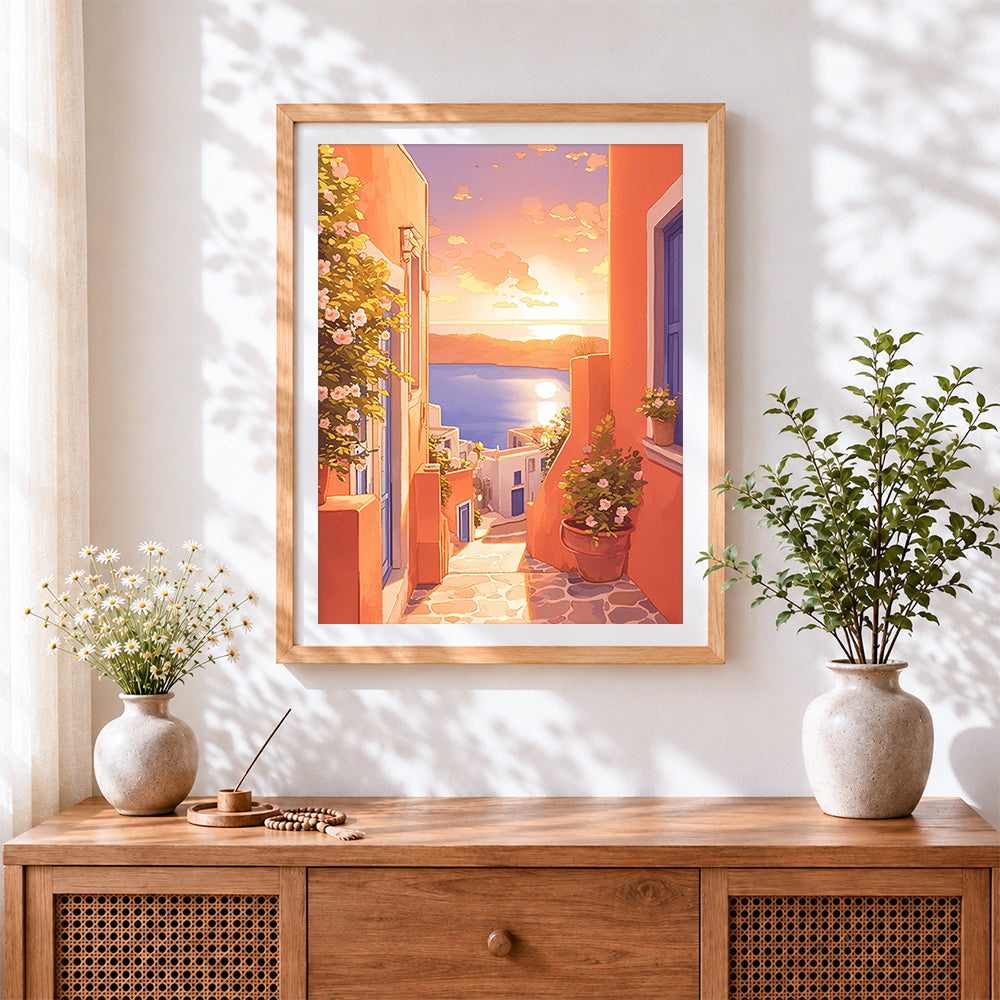 Finished santorini orange alleyway at sunset cross stitch artwork displayed