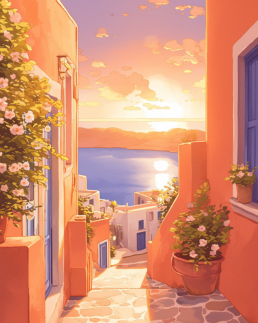 Santorini orange alleyway at sunset cross stitch kit for beginners