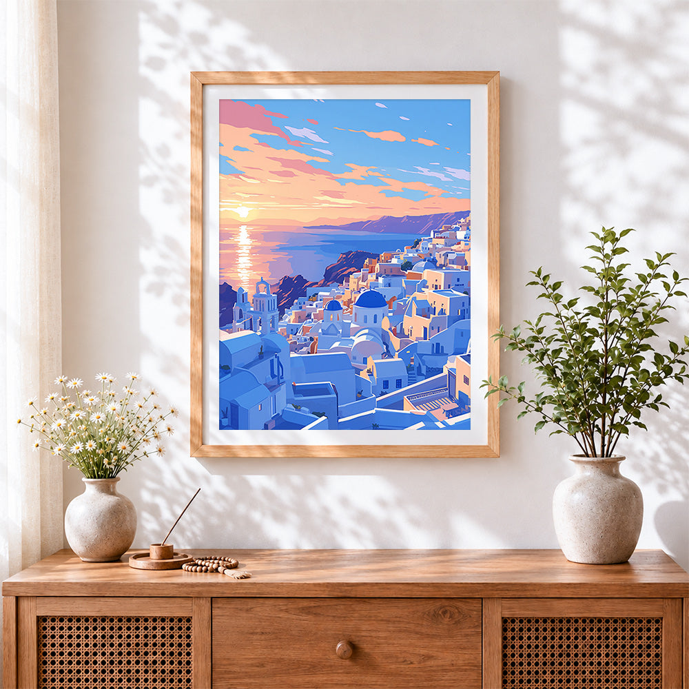 Finished santorini sunset cross stitch artwork displayed