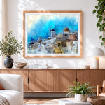 Finished santorini watercolour art cross stitch artwork displayed