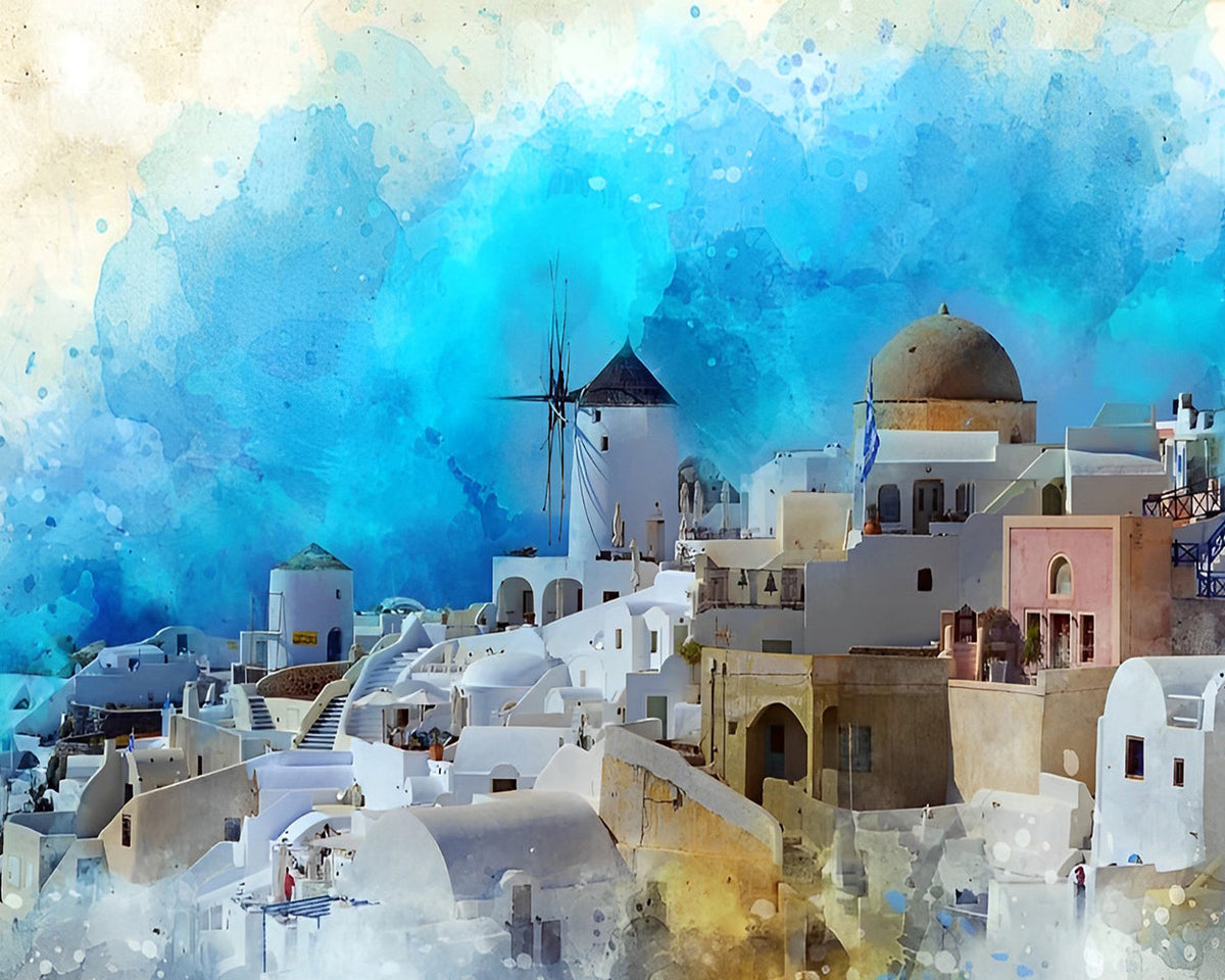Santorini watercolour art cross stitch kit for beginners