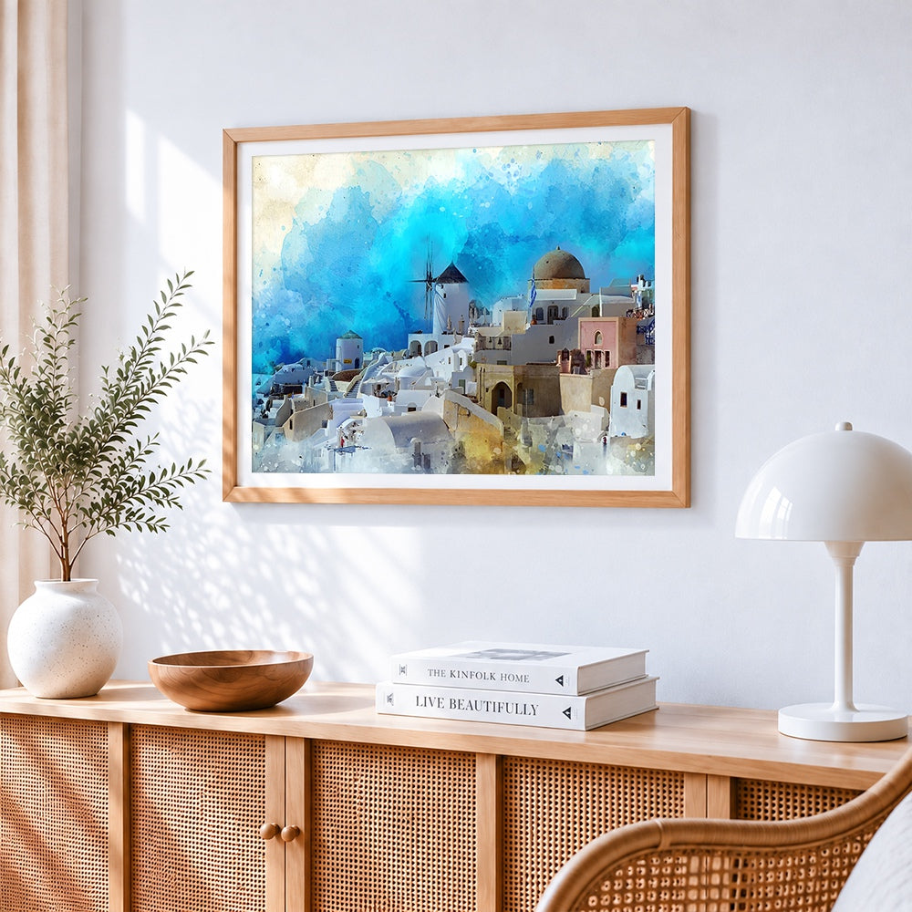 Santorini watercolour art cross stitch artwork displayed on wall as home decor