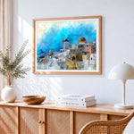 Santorini watercolour art cross stitch artwork displayed on wall as home decor