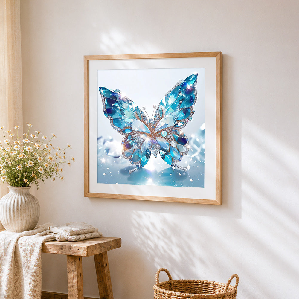 Sapphire crystal butterfly cross stitch artwork displayed on wall as home decor