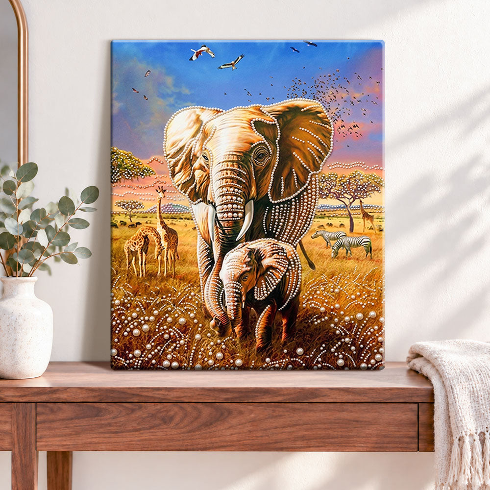 Finished savannah elephant pair pearl diamond painting artwork displayed as home decor