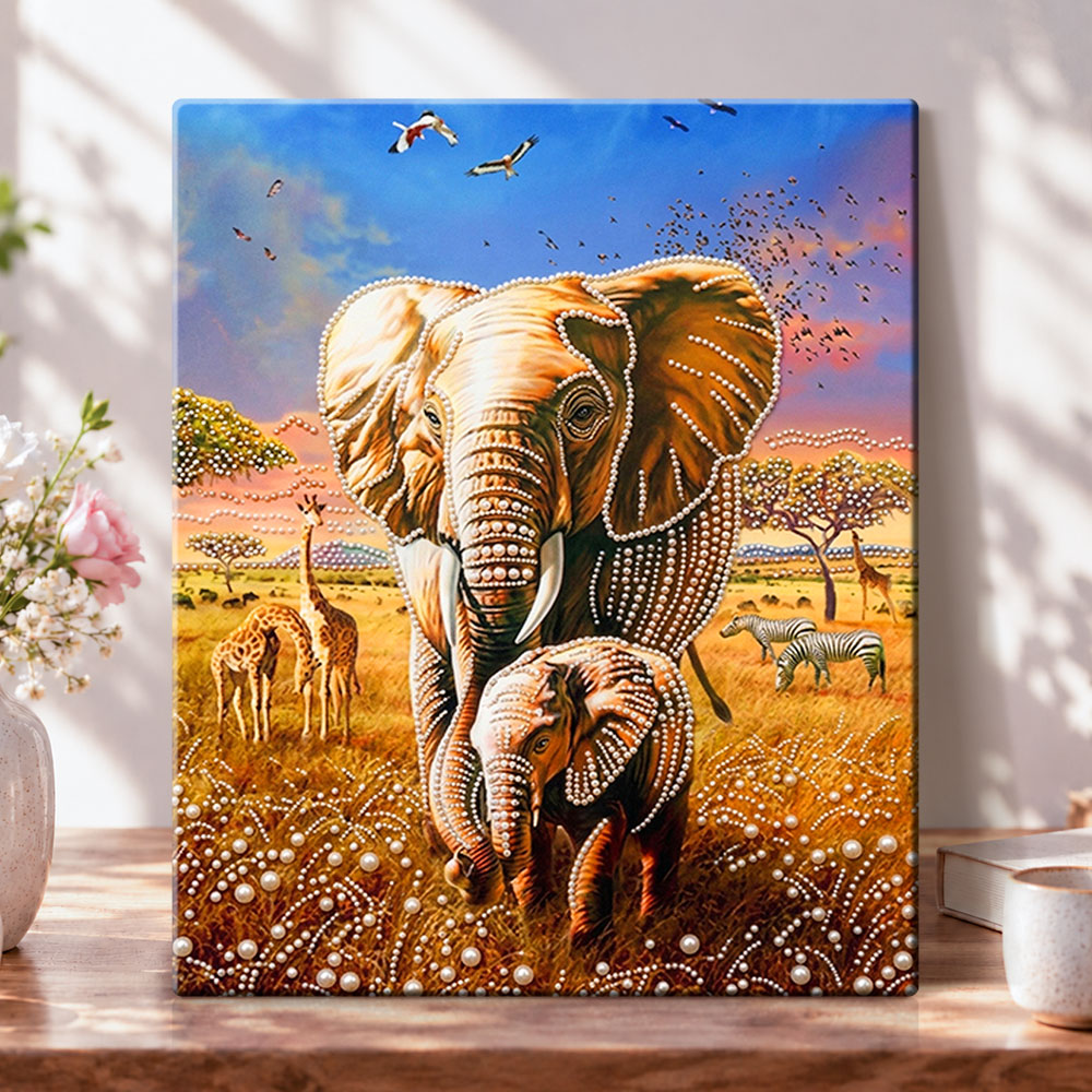 Savannah elephant pair pearl diamond painting kit for beginners