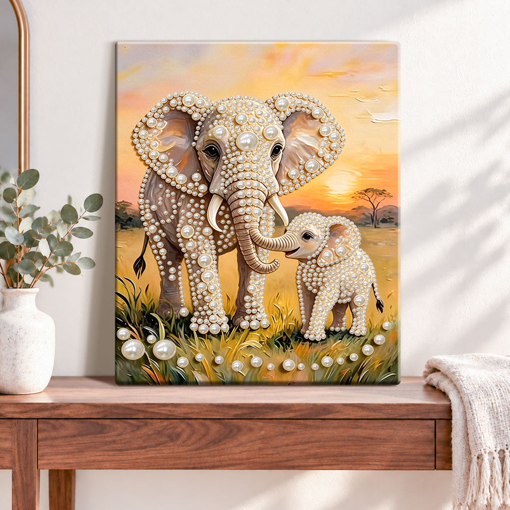Finished savannah elephants at sunset pearl diamond painting artwork displayed as home decor