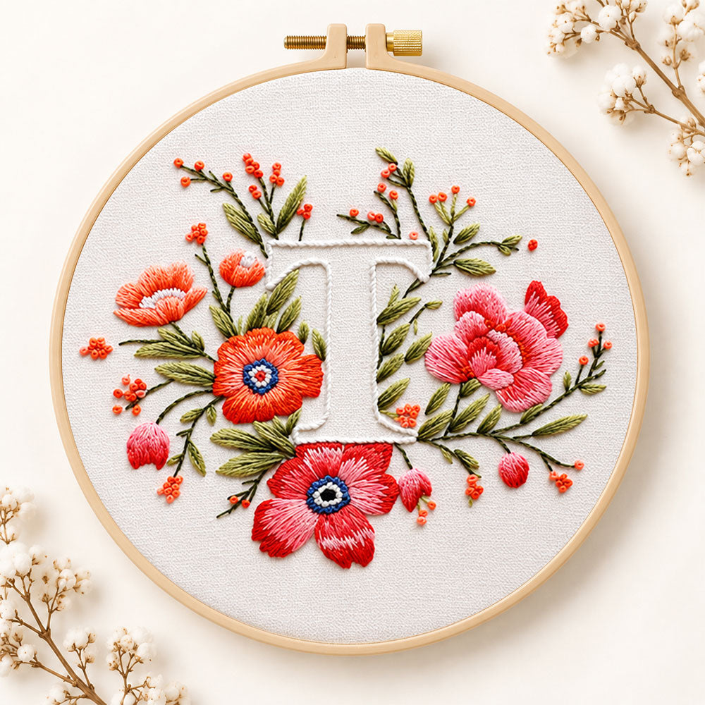 Scarlet florals and letter t embroidery kit