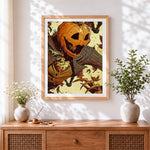 Finished scary pumpkin scarecrow cross stitch artwork displayed