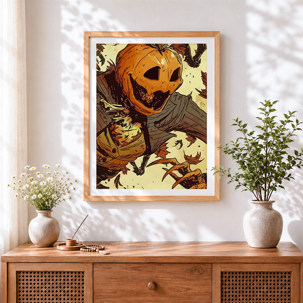 Finished scary pumpkin scarecrow cross stitch artwork displayed