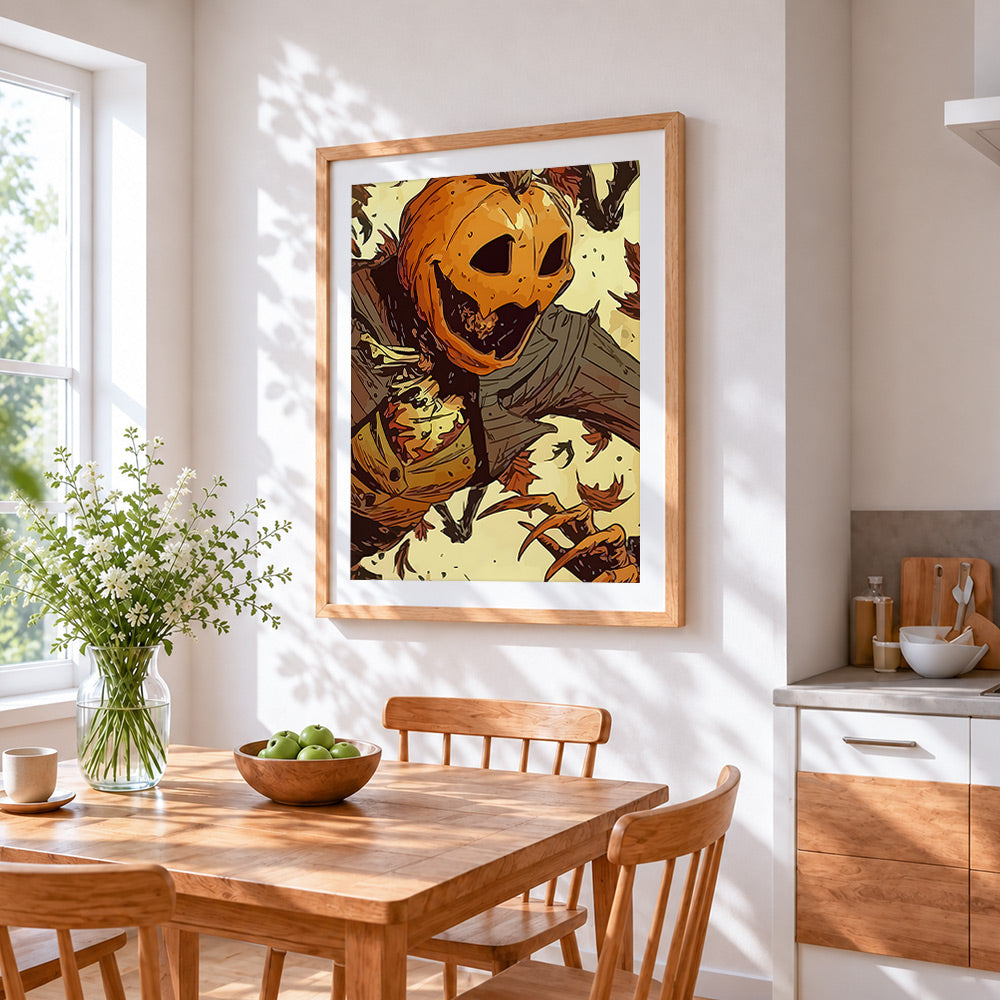 Scary pumpkin scarecrow cross stitch artwork displayed on wall as home decor
