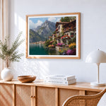 Scenic mountain and flowering village cross stitch artwork displayed on wall as home decor