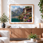 Finished scenic mountain and flowering village paint by numbers artwork displayed as home decor