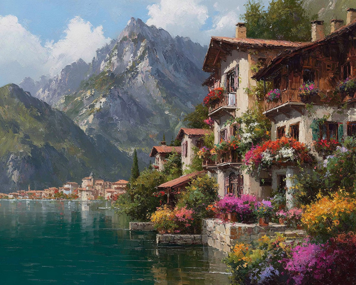 Scenic mountain and flowering village paint by numbers kit for beginners