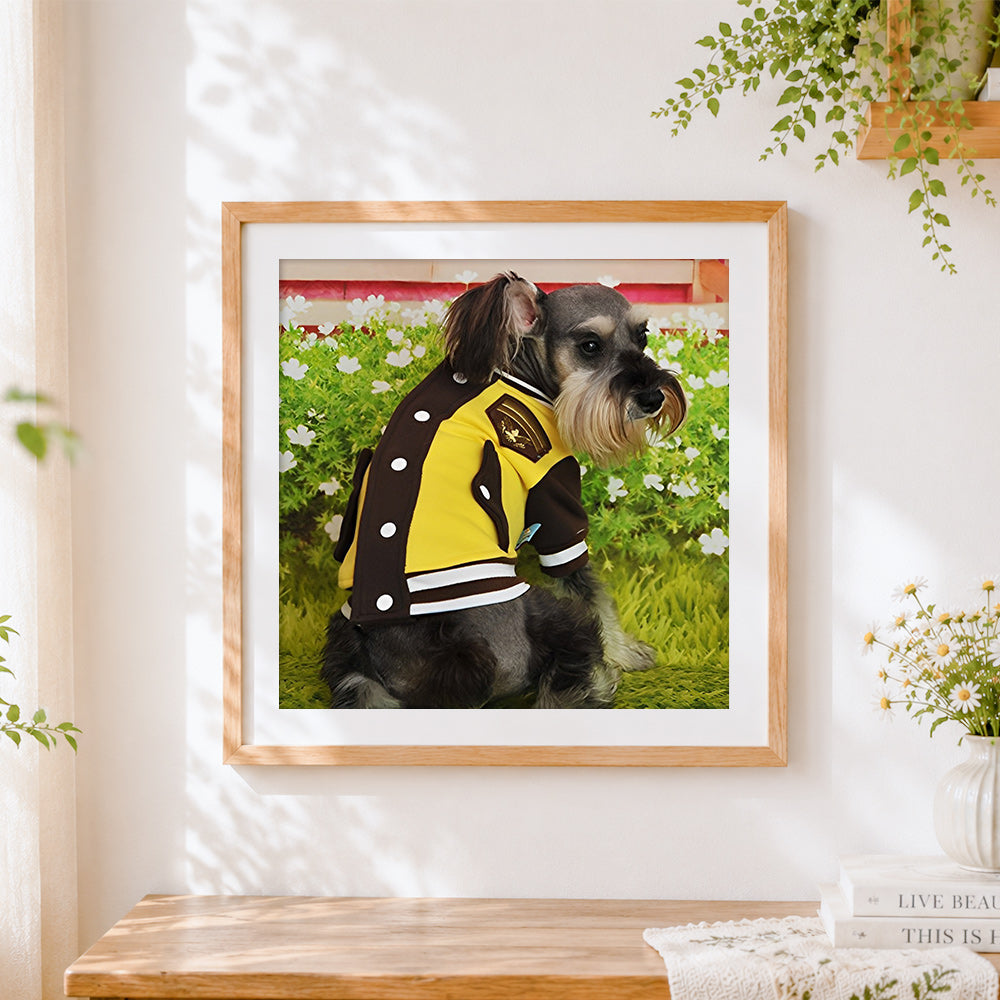 Finished schnauzer in a yellow jacket cross stitch artwork displayed