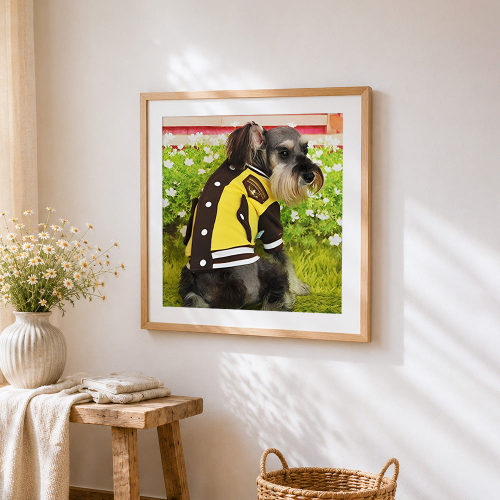 Schnauzer in a yellow jacket cross stitch artwork displayed on wall as home decor