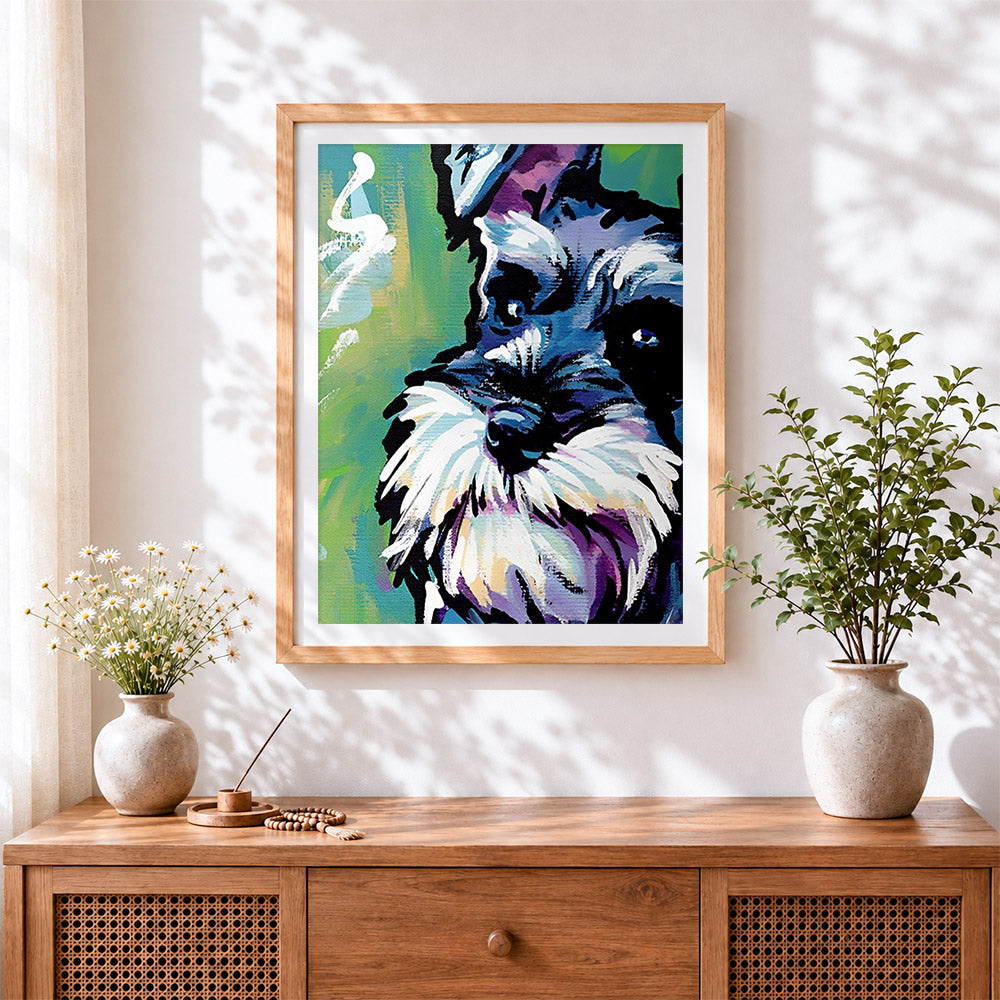 Finished schnauzer portrait cross stitch artwork displayed