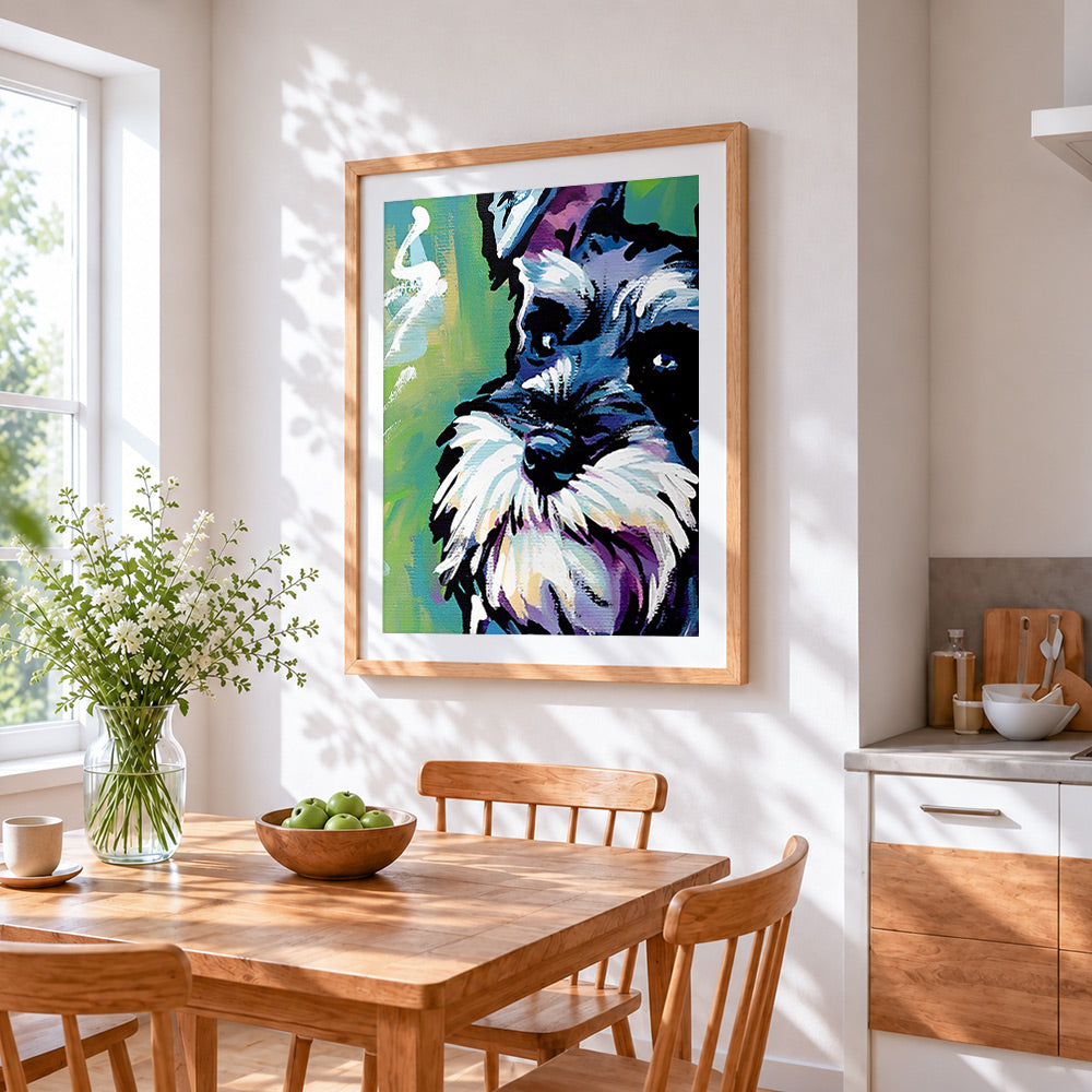 Schnauzer portrait cross stitch artwork displayed on wall as home decor
