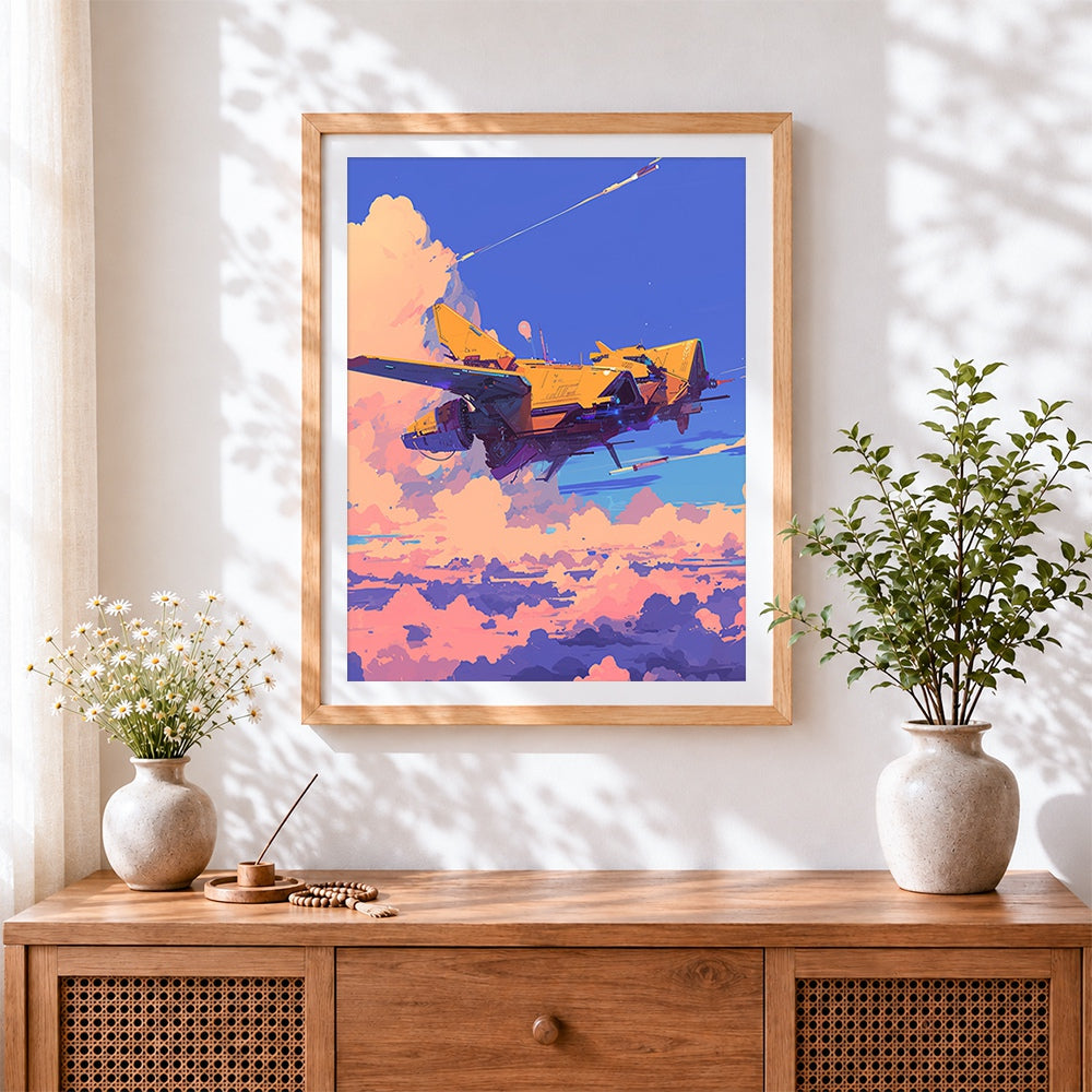 Finished sci-fi yellow spaceship in pink clouds cross stitch artwork displayed