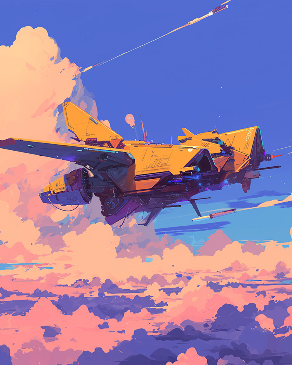 Sci-fi yellow spaceship in pink clouds cross stitch kit for beginners