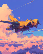 Sci-fi yellow spaceship in pink clouds cross stitch kit for beginners