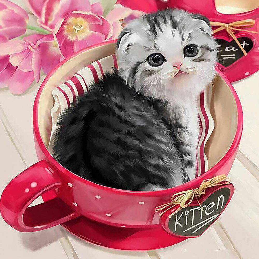 Scottish fold kitten in red teacup cross stitch kit for beginners