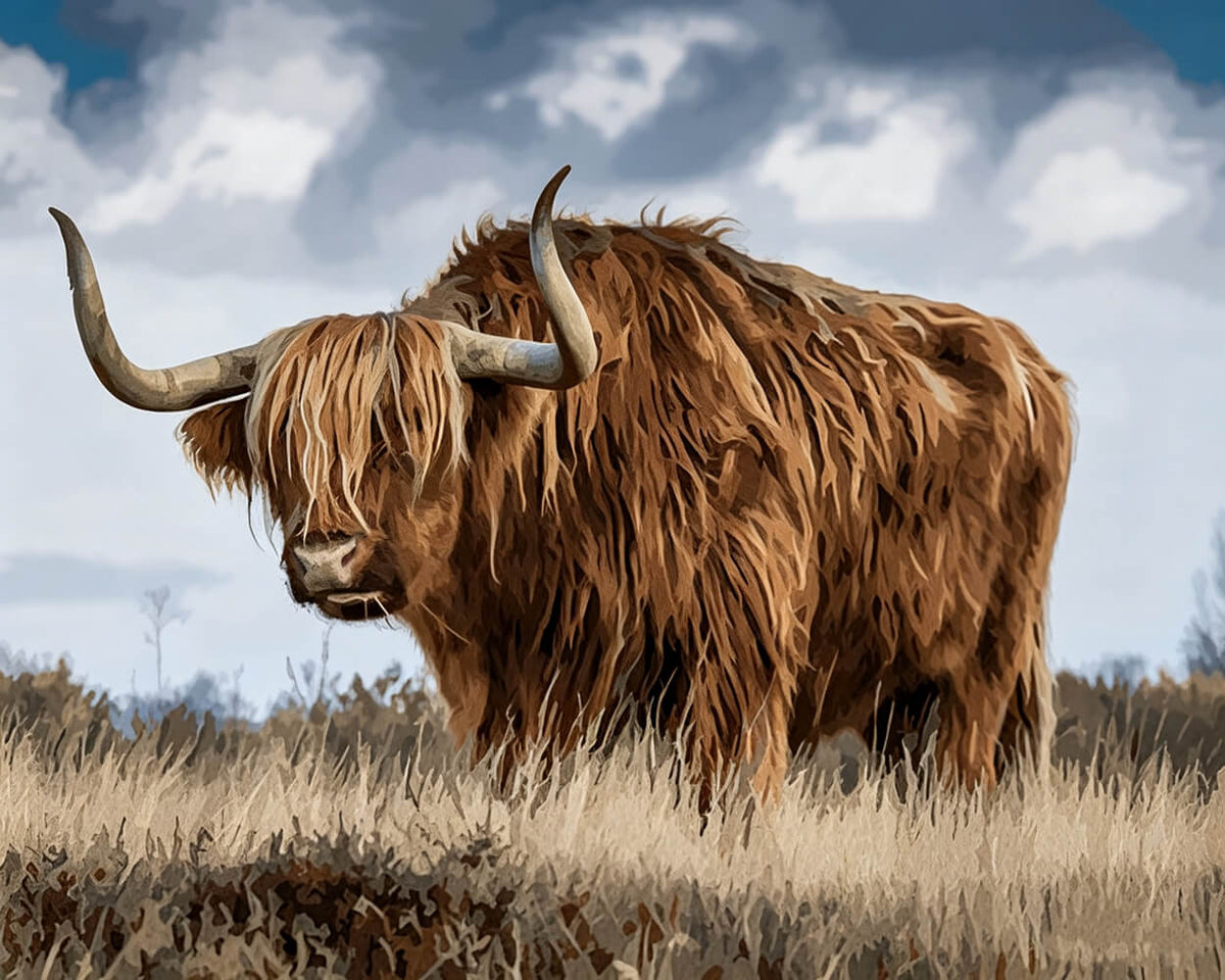 Scottish highland cow in field cross stitch kit for beginners