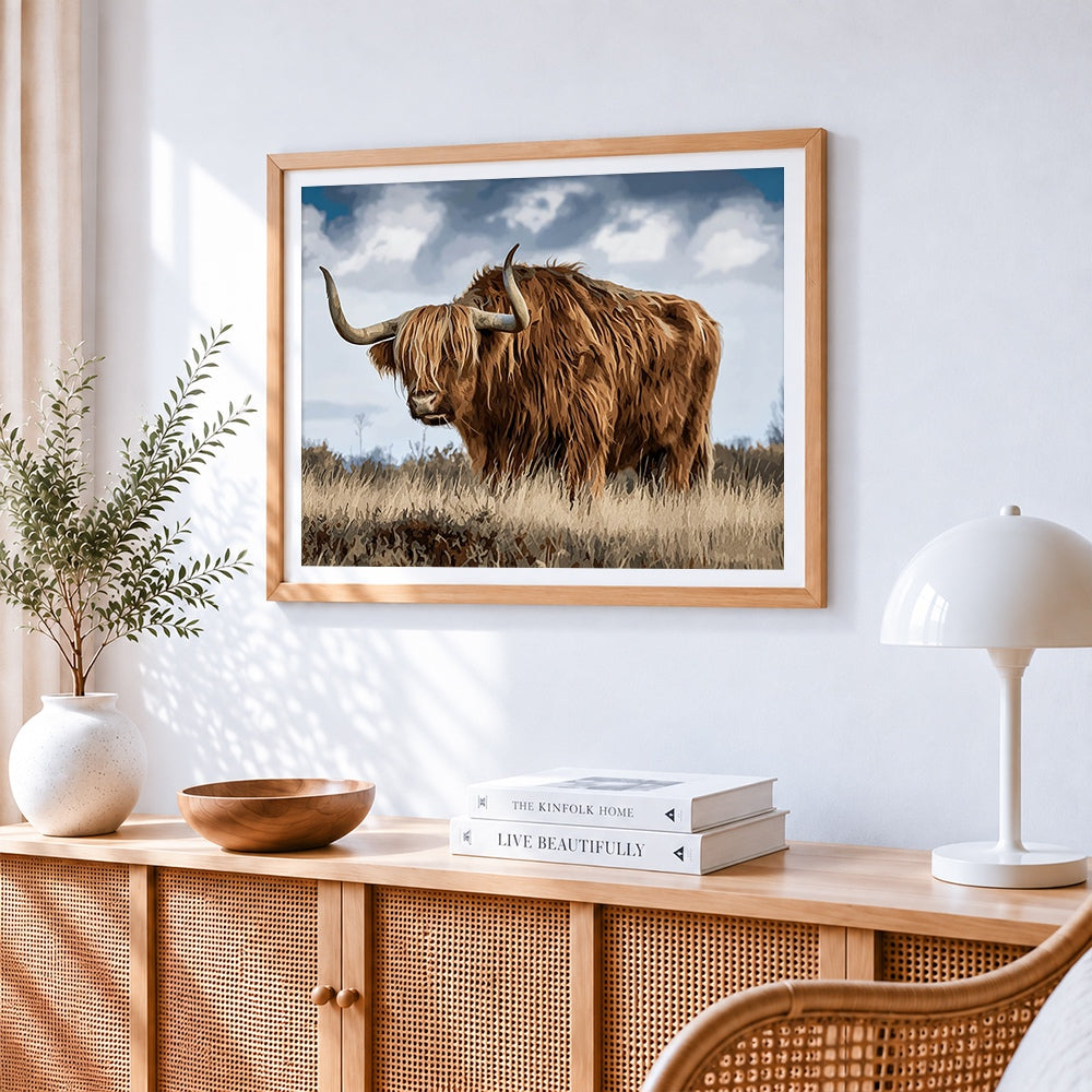 Scottish highland cow in field cross stitch artwork displayed on wall as home decor