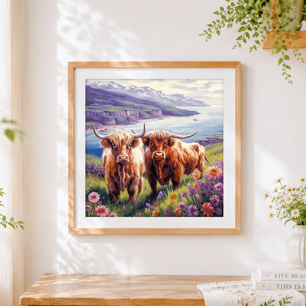 Finished scottish highland cows and wildflowers cross stitch artwork displayed