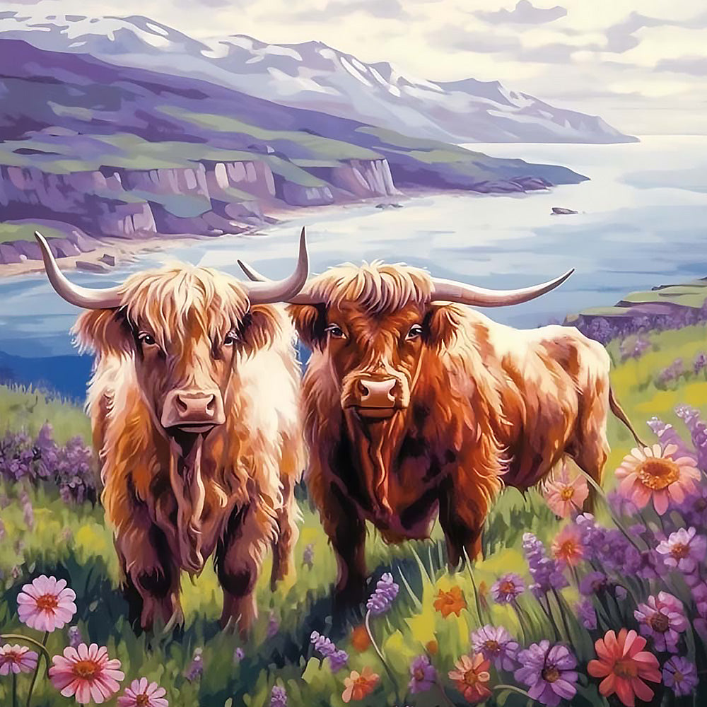 Scottish highland cows and wildflowers cross stitch kit for beginners